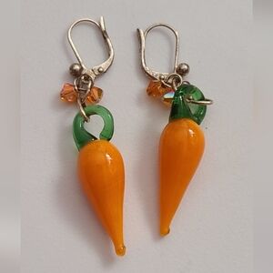 Carrot Earrings Easter Murano Lamp Work Glass AB Beaded Leverbacks Estate Euc